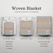 Woven blanket with different sizes displayed on a bed for reference.