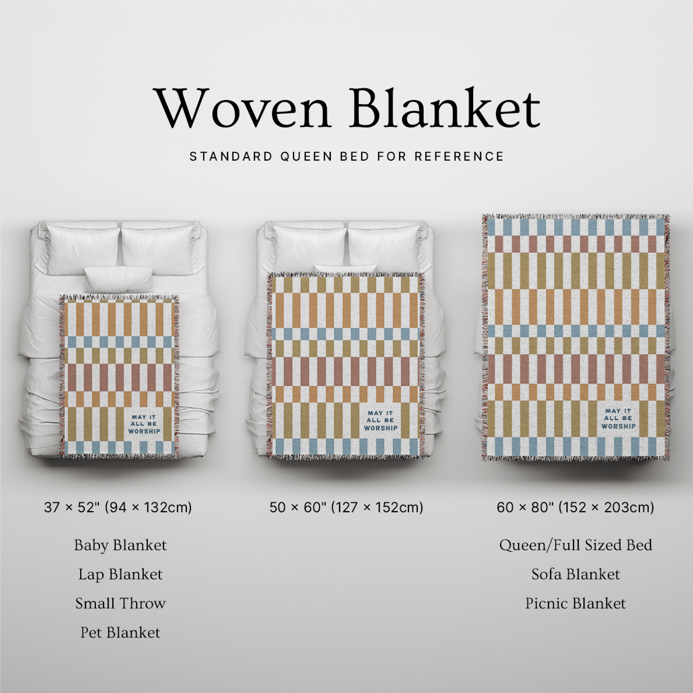 Woven blanket with different sizes displayed on a bed for reference.