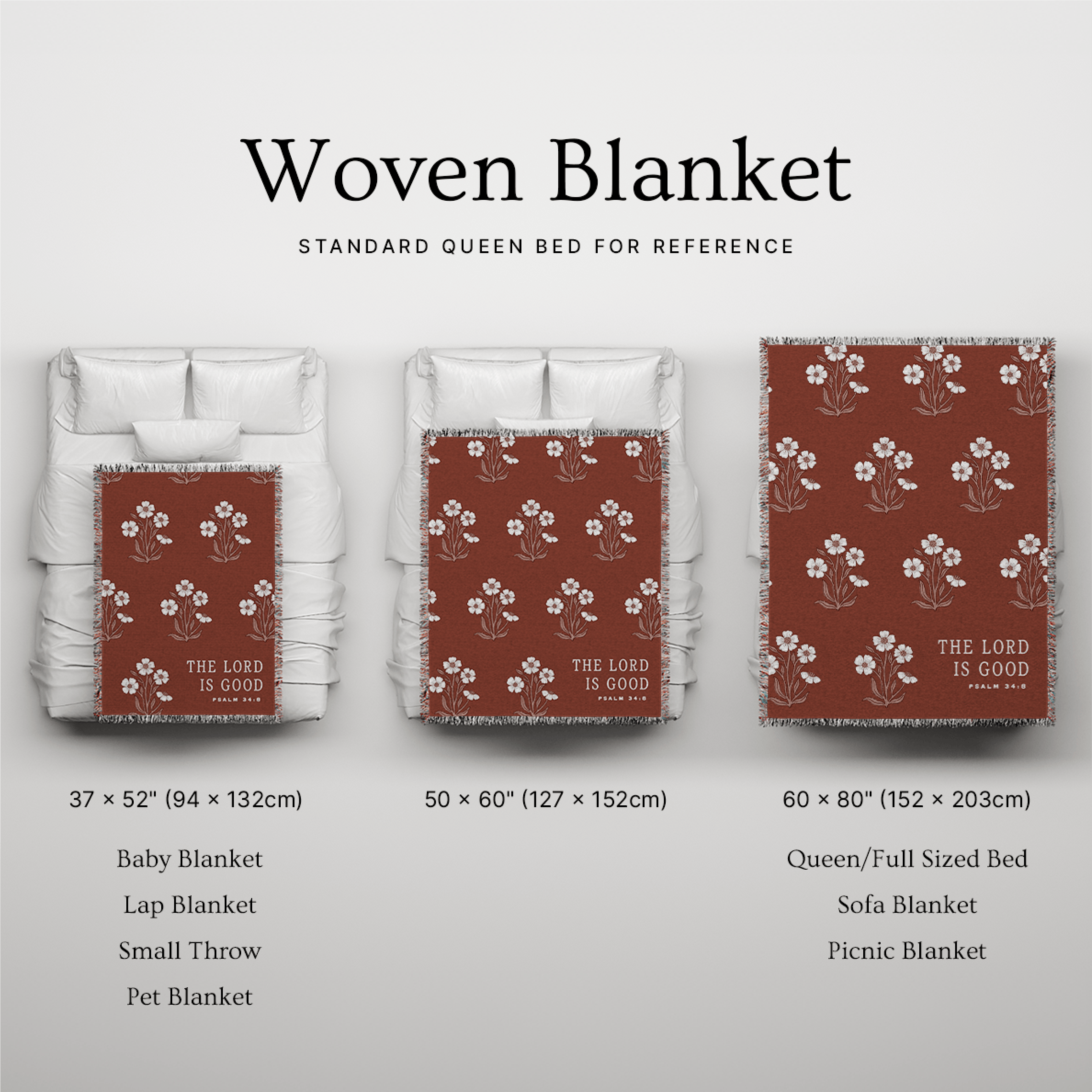 Woven blanket with floral pattern and 'The Lord is Good' text, shown on a bed for reference.