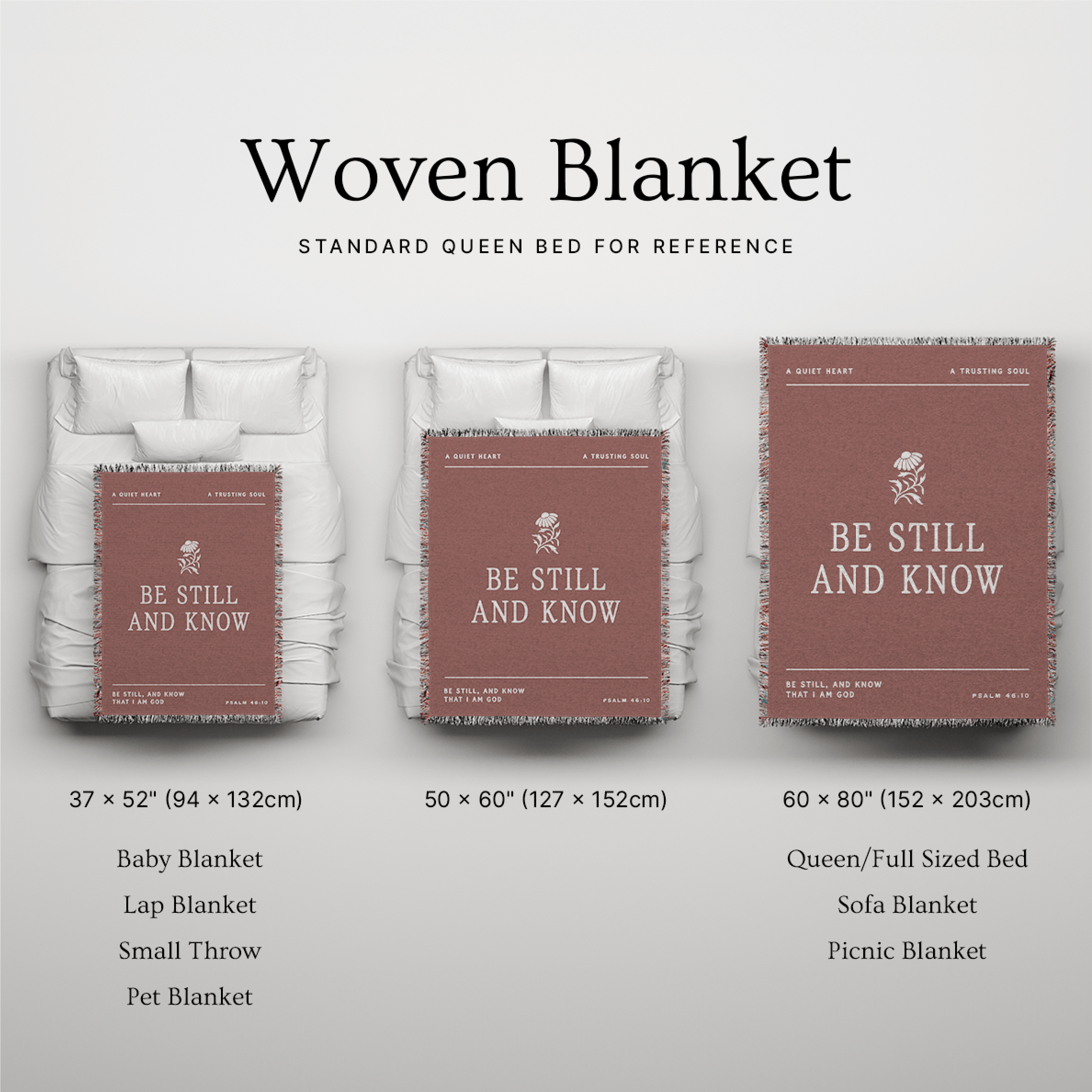 Woven blanket with 'Be Still and Know' text displayed on a gray background