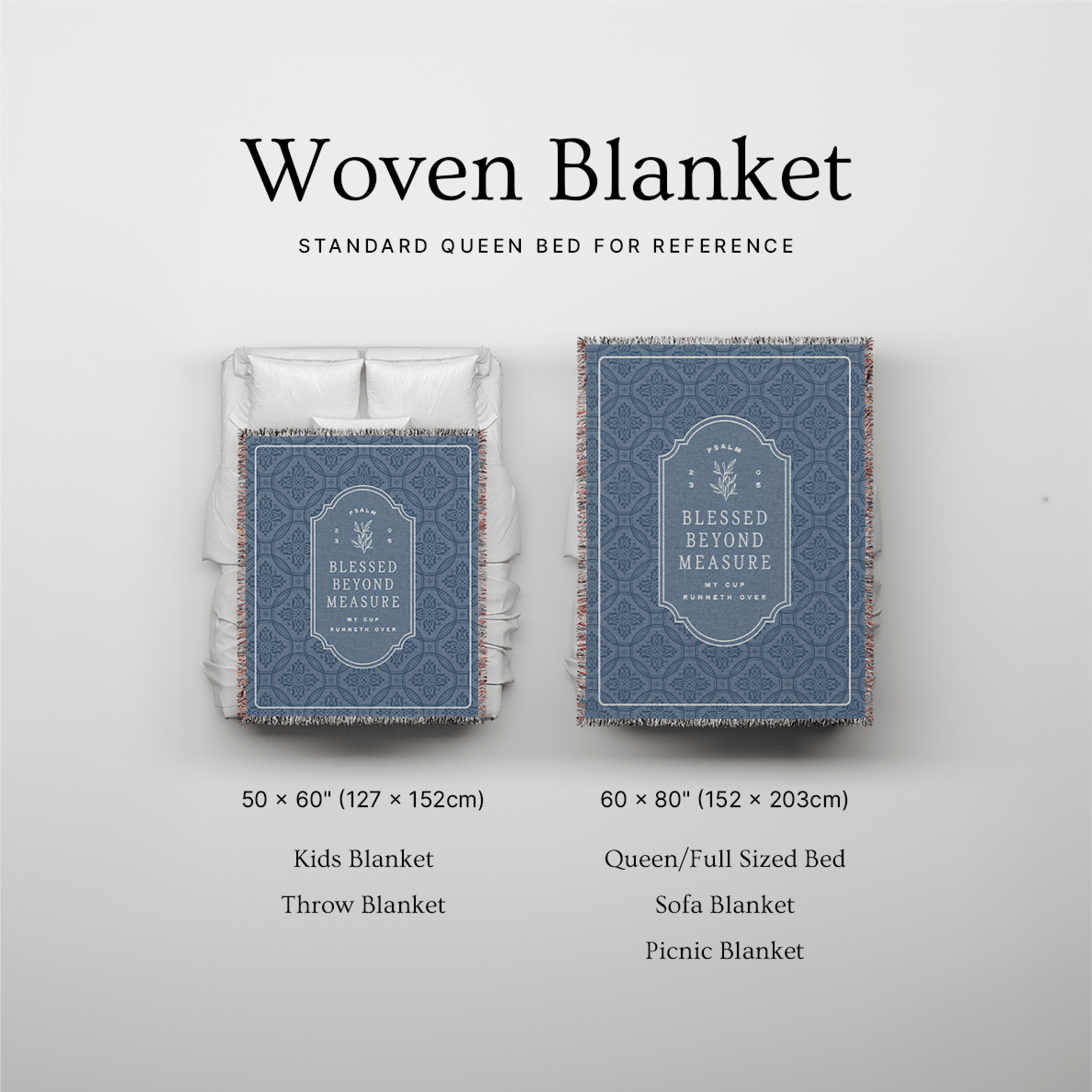 Woven blanket with dimensions and usage examples on a light gray background