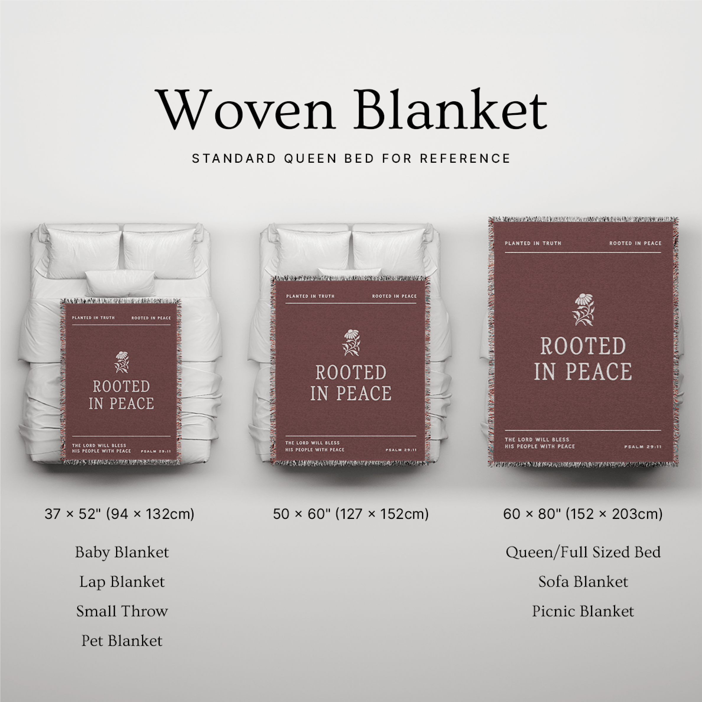 Woven blanket with 'Rooted in Peace' branding displayed on a bed for reference.