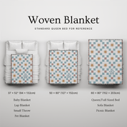 Woven blanket with various sizes displayed on a bed for reference.
