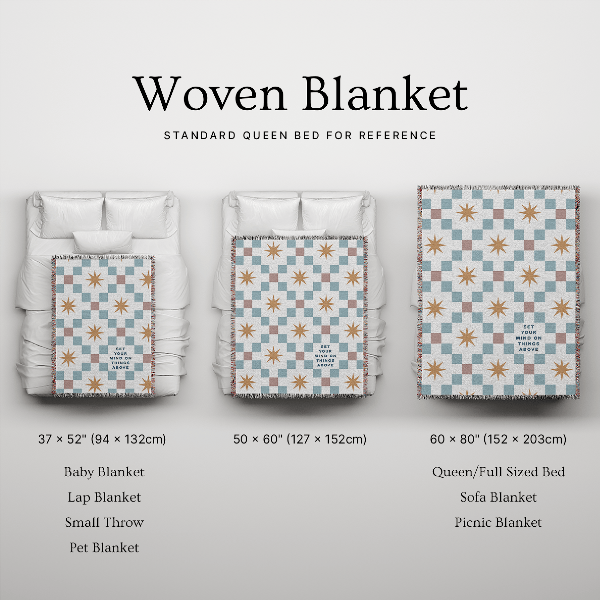 Woven blanket with various sizes displayed on a bed for reference.