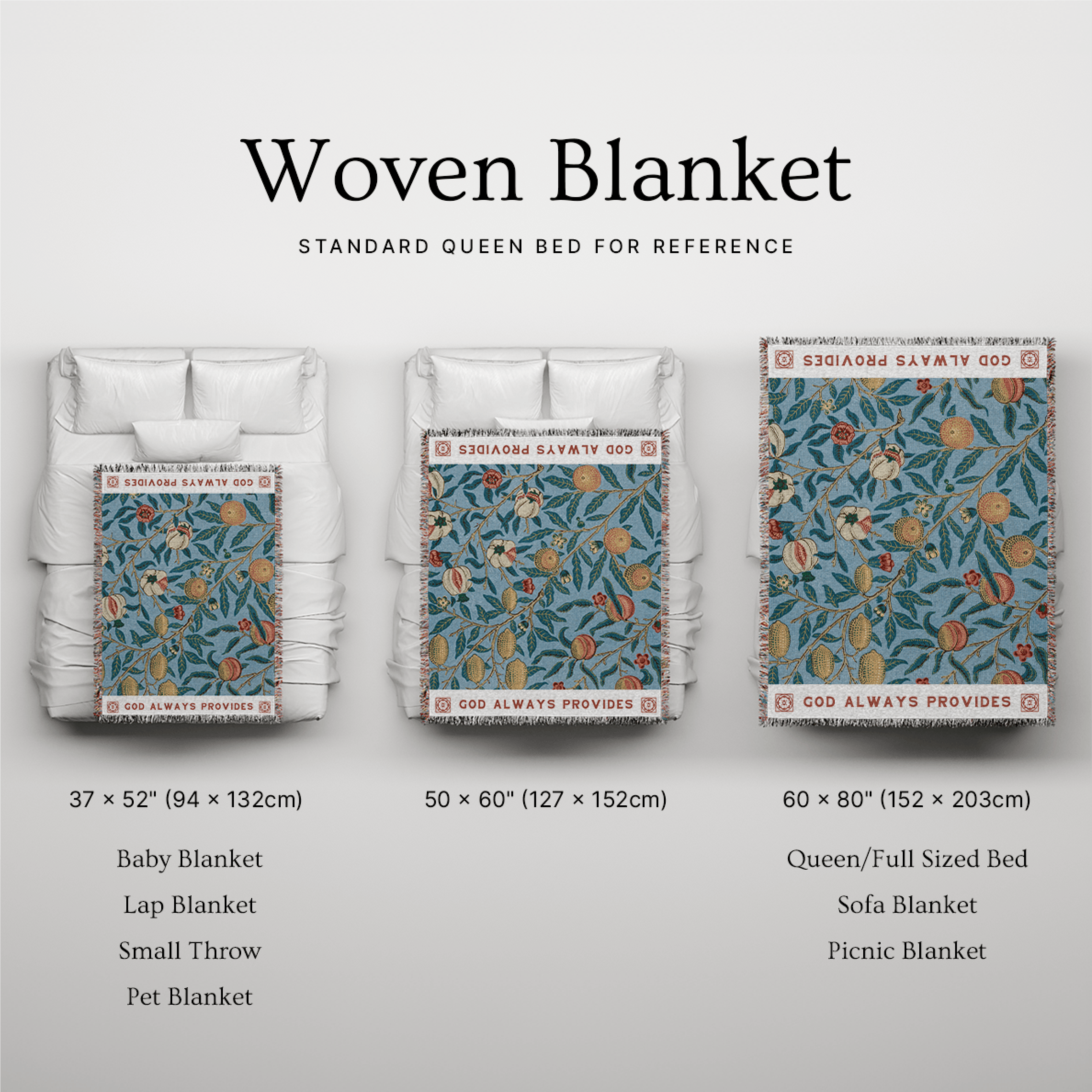 Woven blanket with different sizes and uses on a light gray background