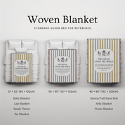 Woven blanket with different sizes displayed on a white background