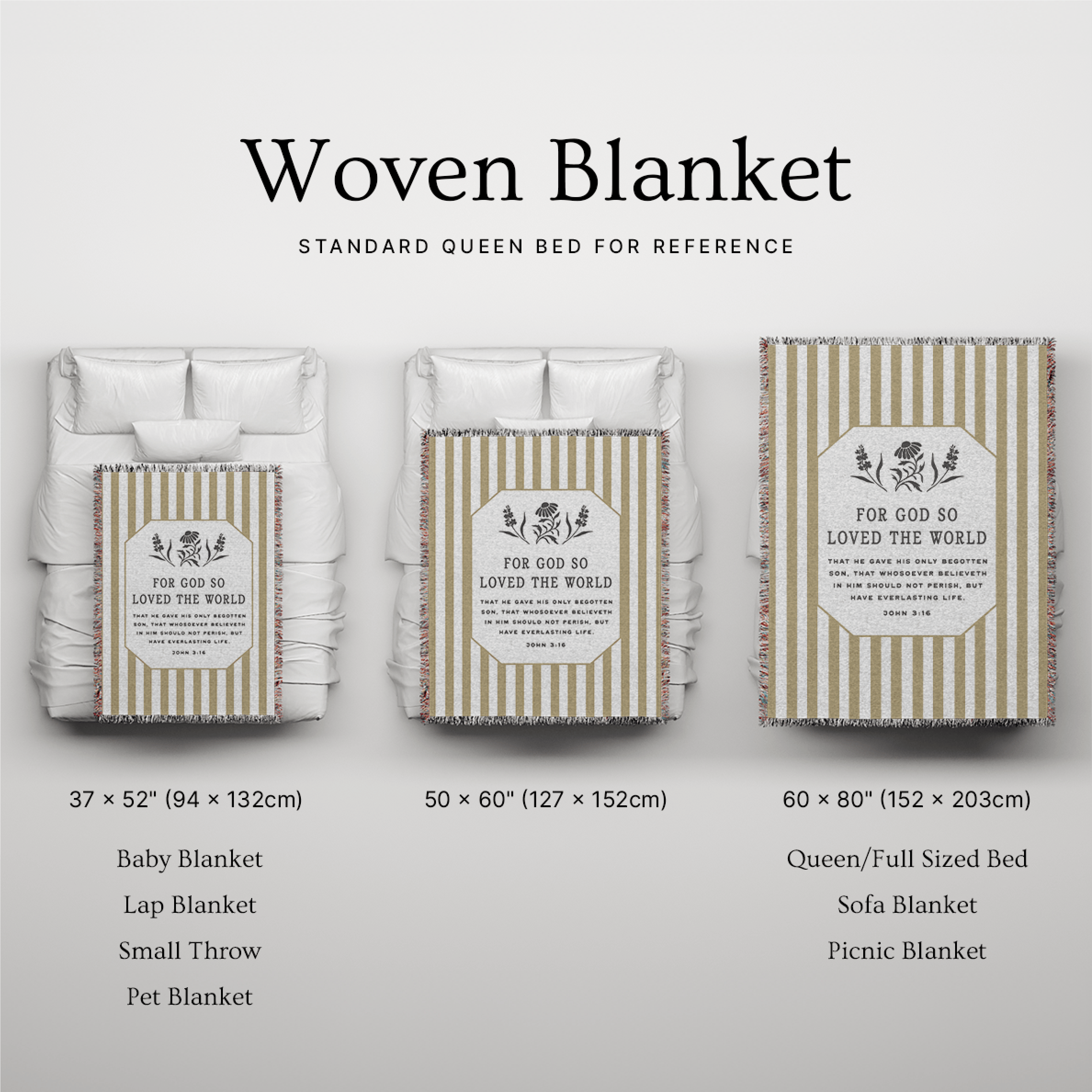 Woven blanket with different sizes displayed on a white background