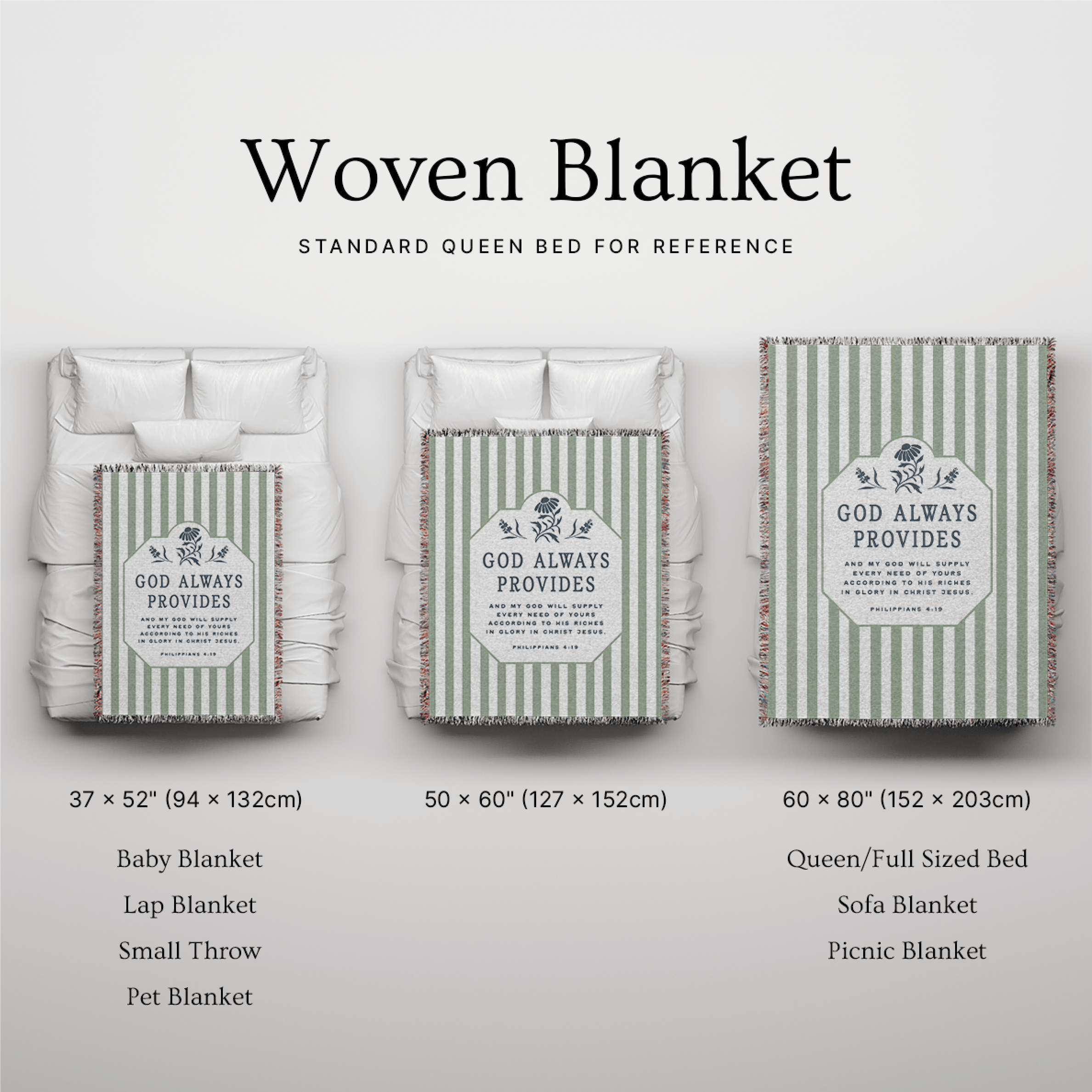 Woven blanket with dimensions and uses displayed on a gray background