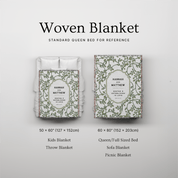 Woven blanket packaging with dimensions and uses on a light gray background