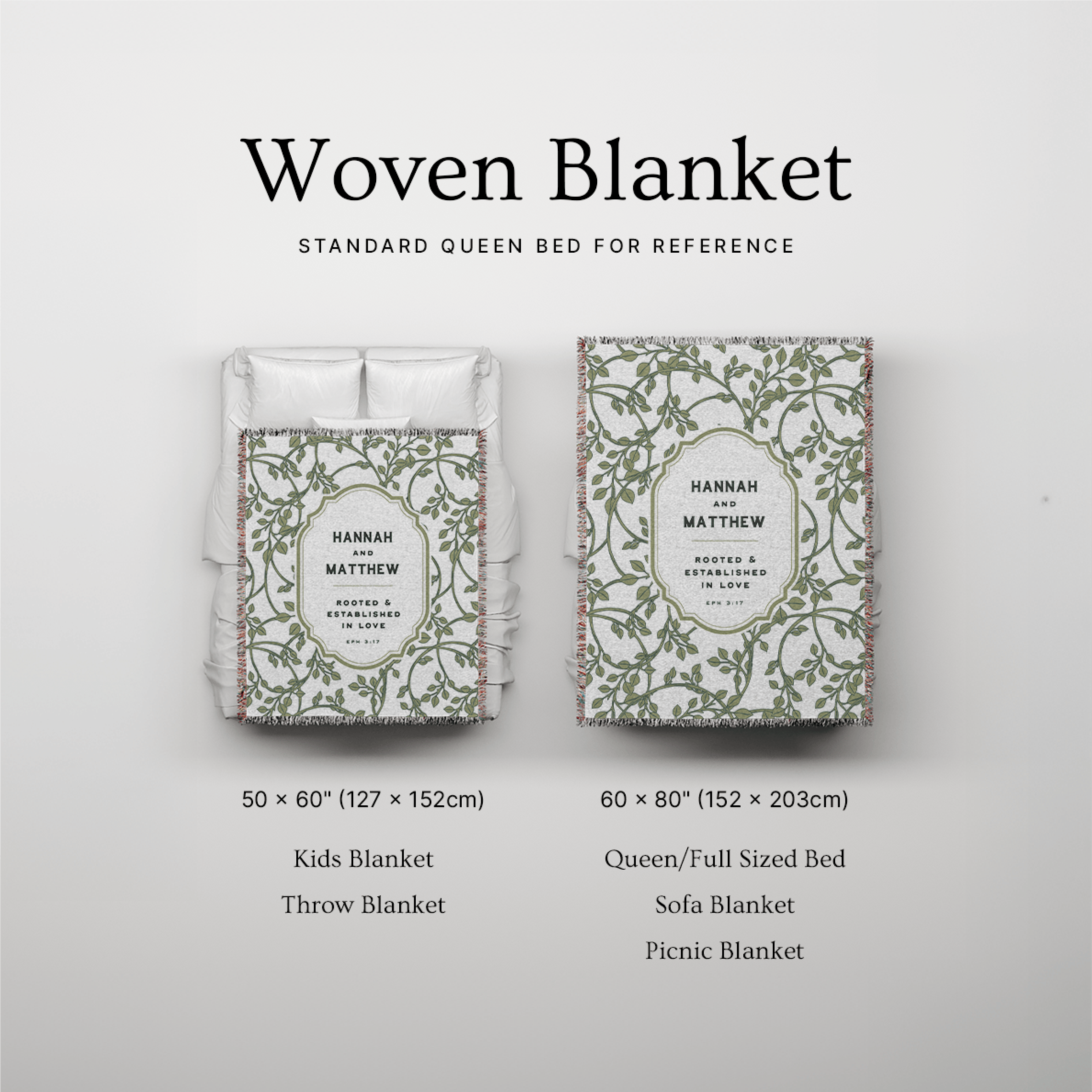 Woven blanket packaging with dimensions and uses on a light gray background