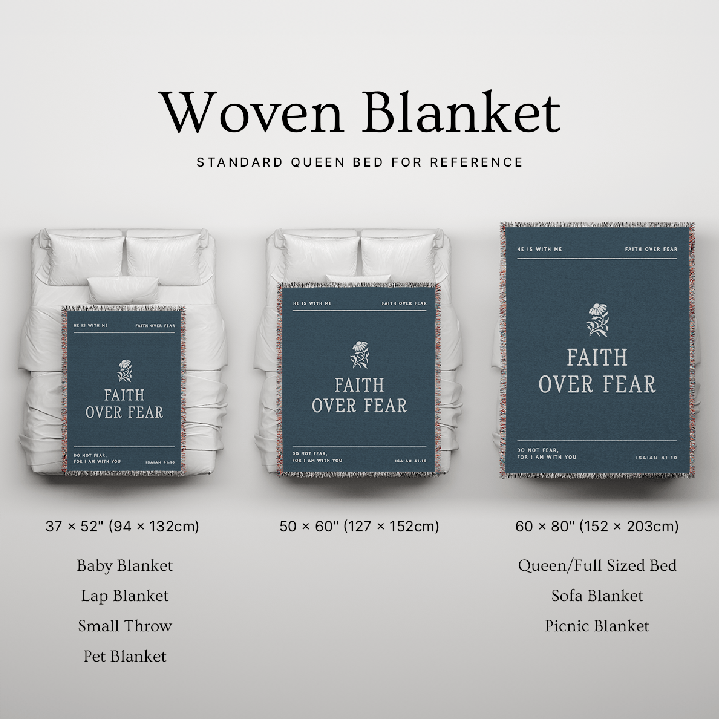 Woven blanket with 'Faith Over Fear' text displayed on a gray background