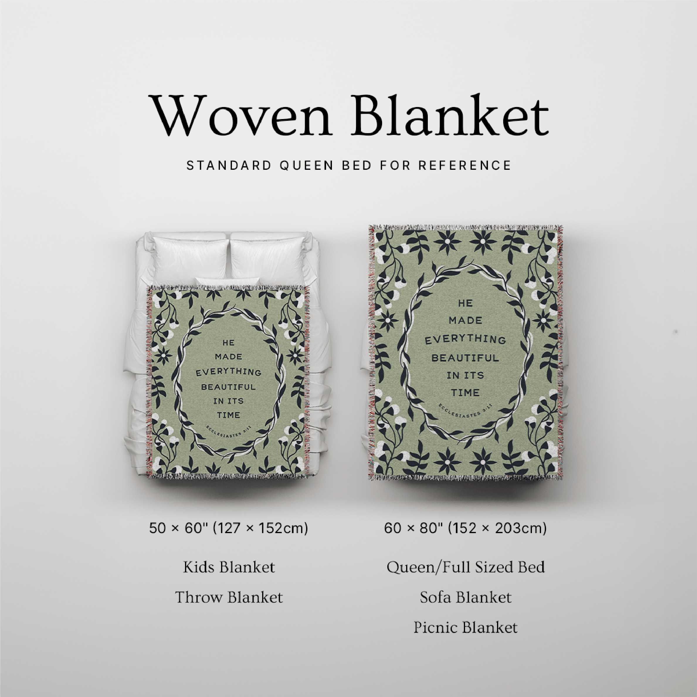 Woven blanket with text and floral design on a light gray background