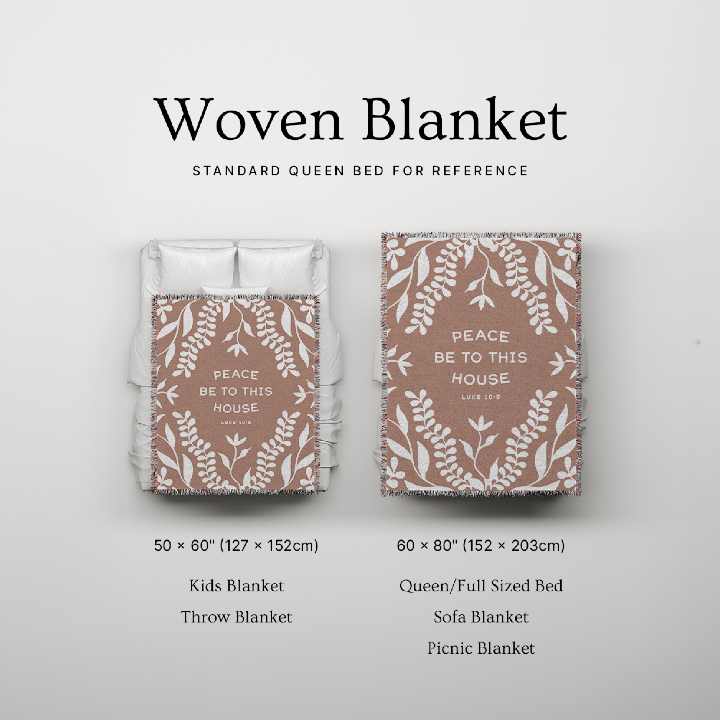 Woven blanket with text and size reference on a light gray background
