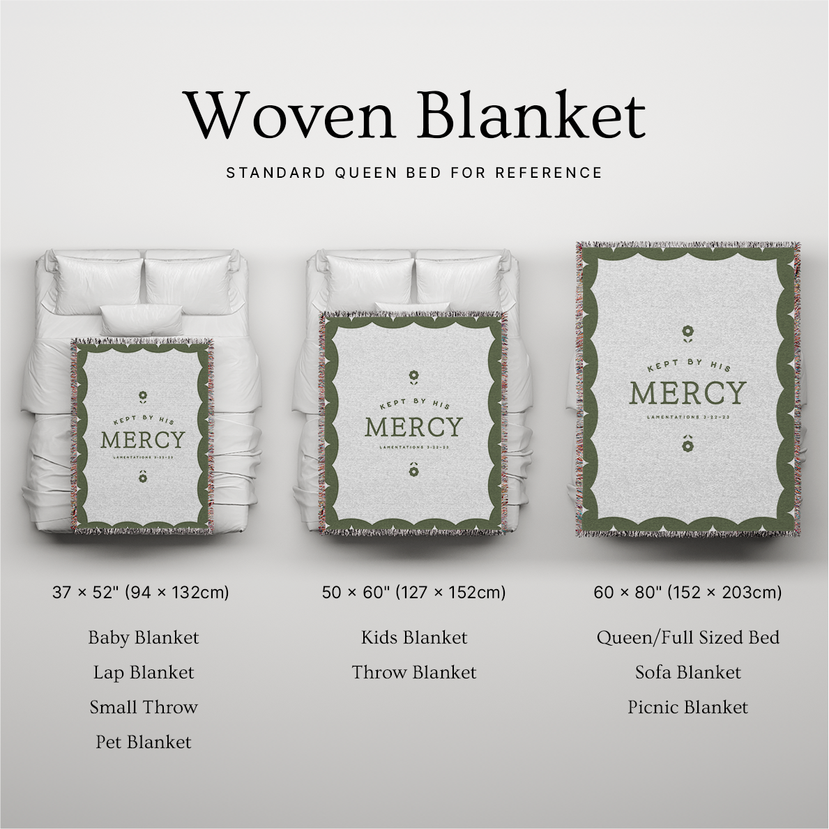 Woven blanket packaging with size references on a gray background