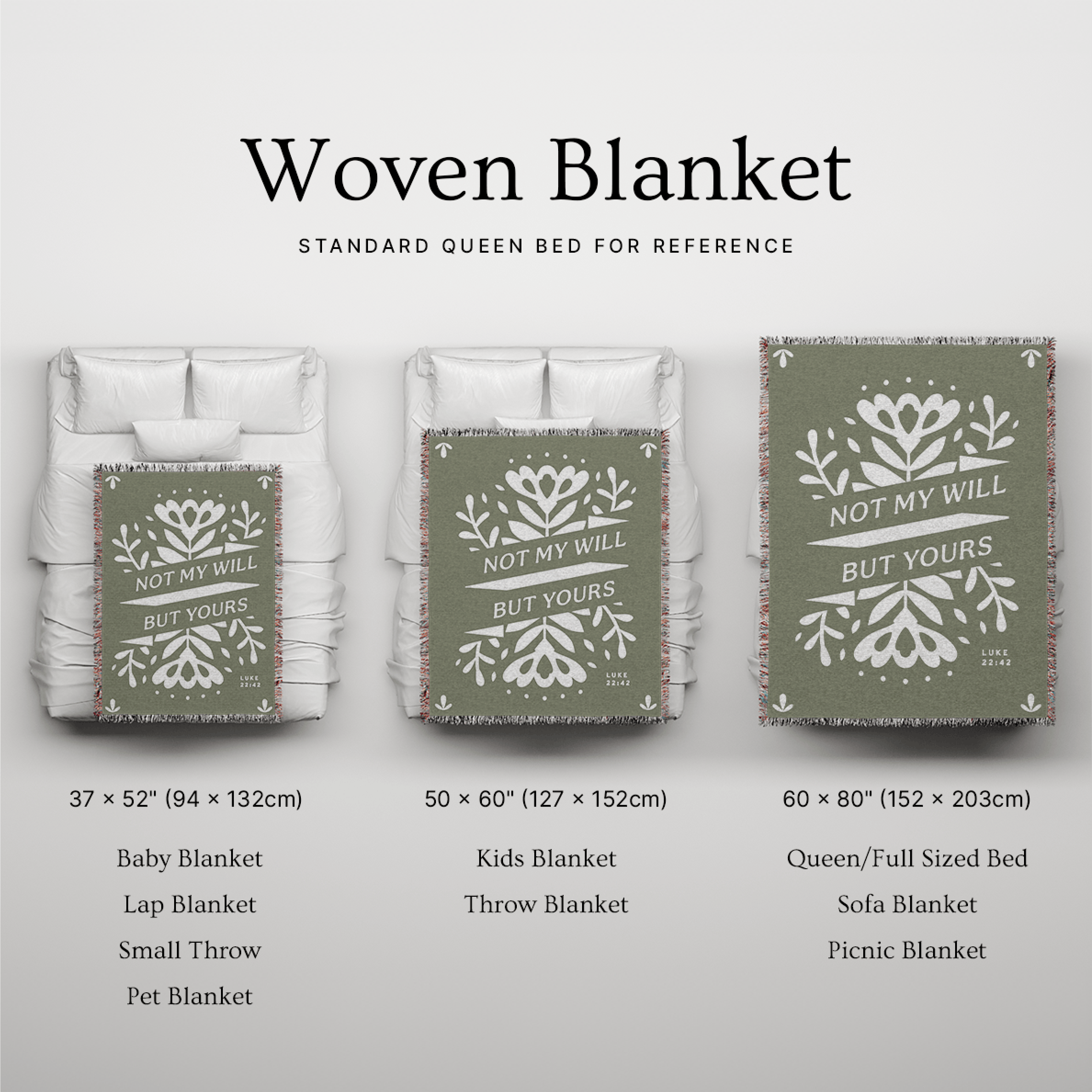 Woven blanket with different sizes displayed on a bed for reference.