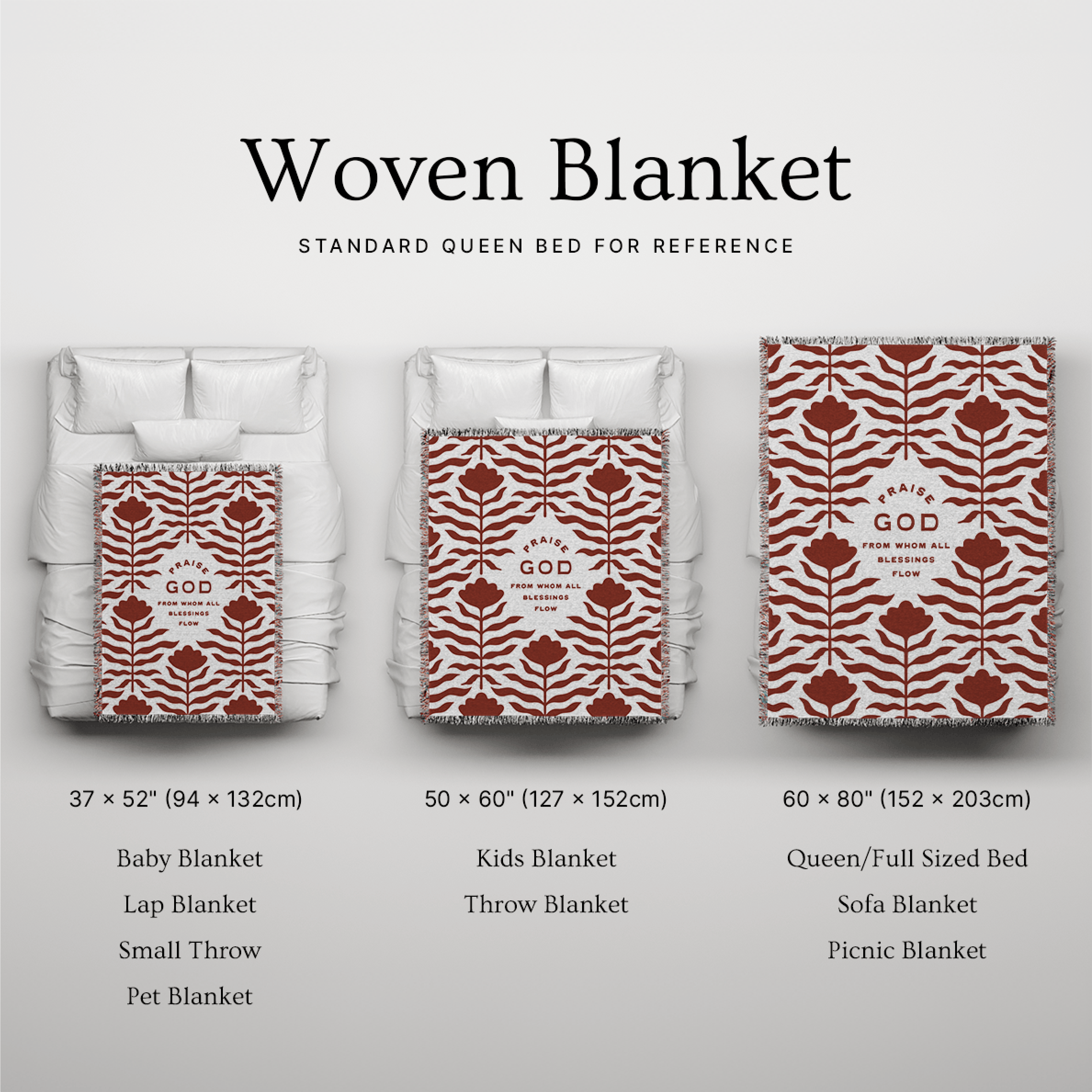 Woven blanket with different size options displayed on a bed for reference.