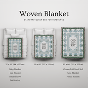 Woven blanket with text on a gray background, showing different sizes.