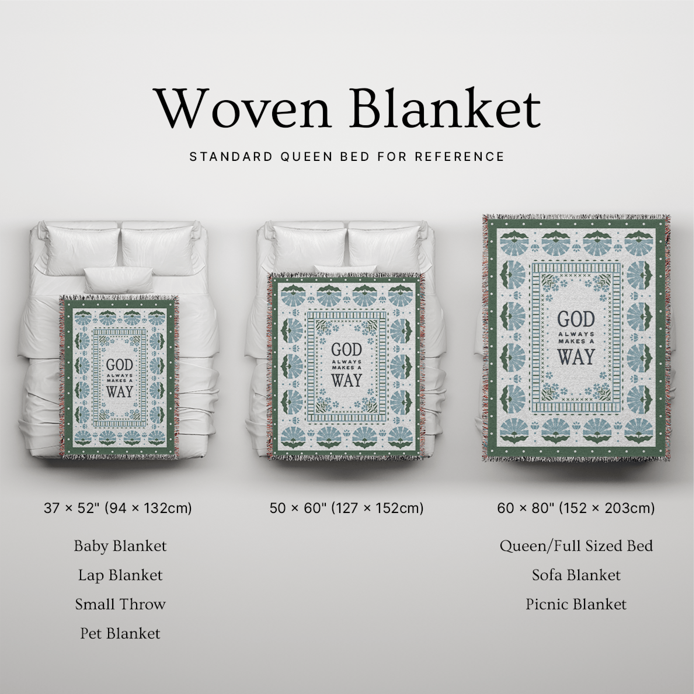 Woven blanket with text on a gray background, showing different sizes.