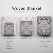 Woven blanket with size chart on a light gray background