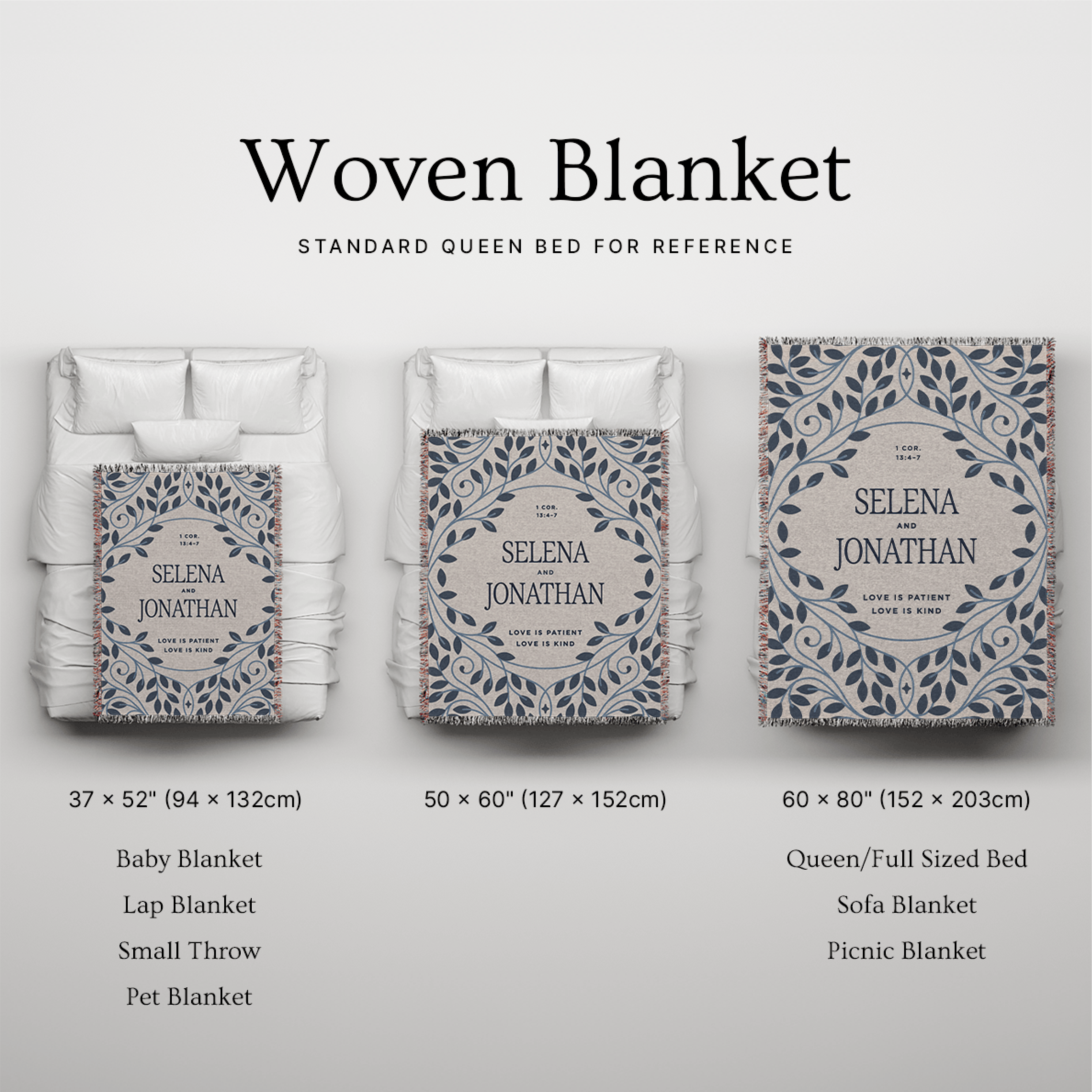 Woven blanket with size chart on a light gray background
