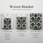 Woven blanket with different size options displayed on a bed for reference.