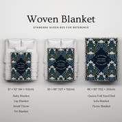 Woven blanket with various sizes displayed on a bed for reference.