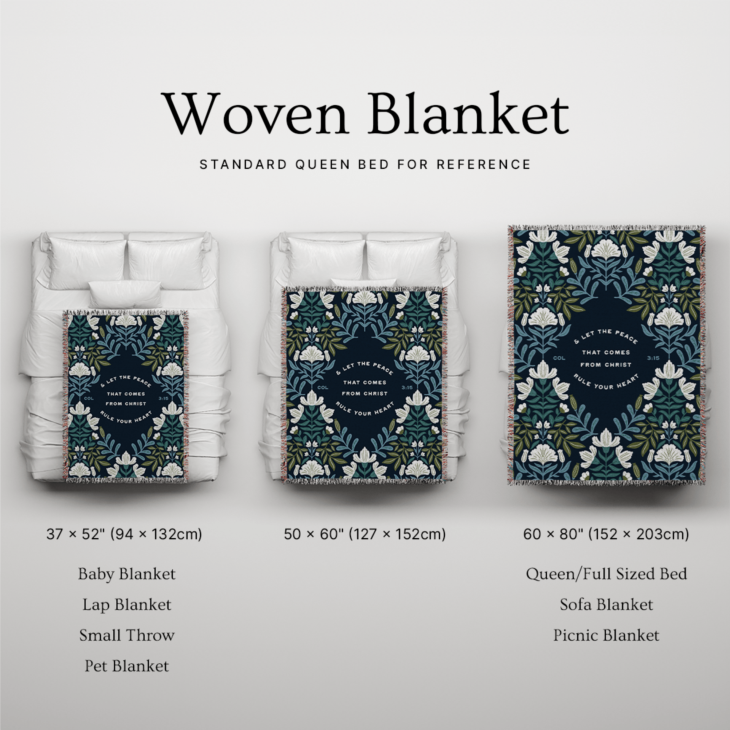 Woven blanket with various sizes displayed on a bed for reference.