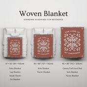 Woven blanket with 'The Lord is My Shepherd' design on a gray background, showing different sizes.