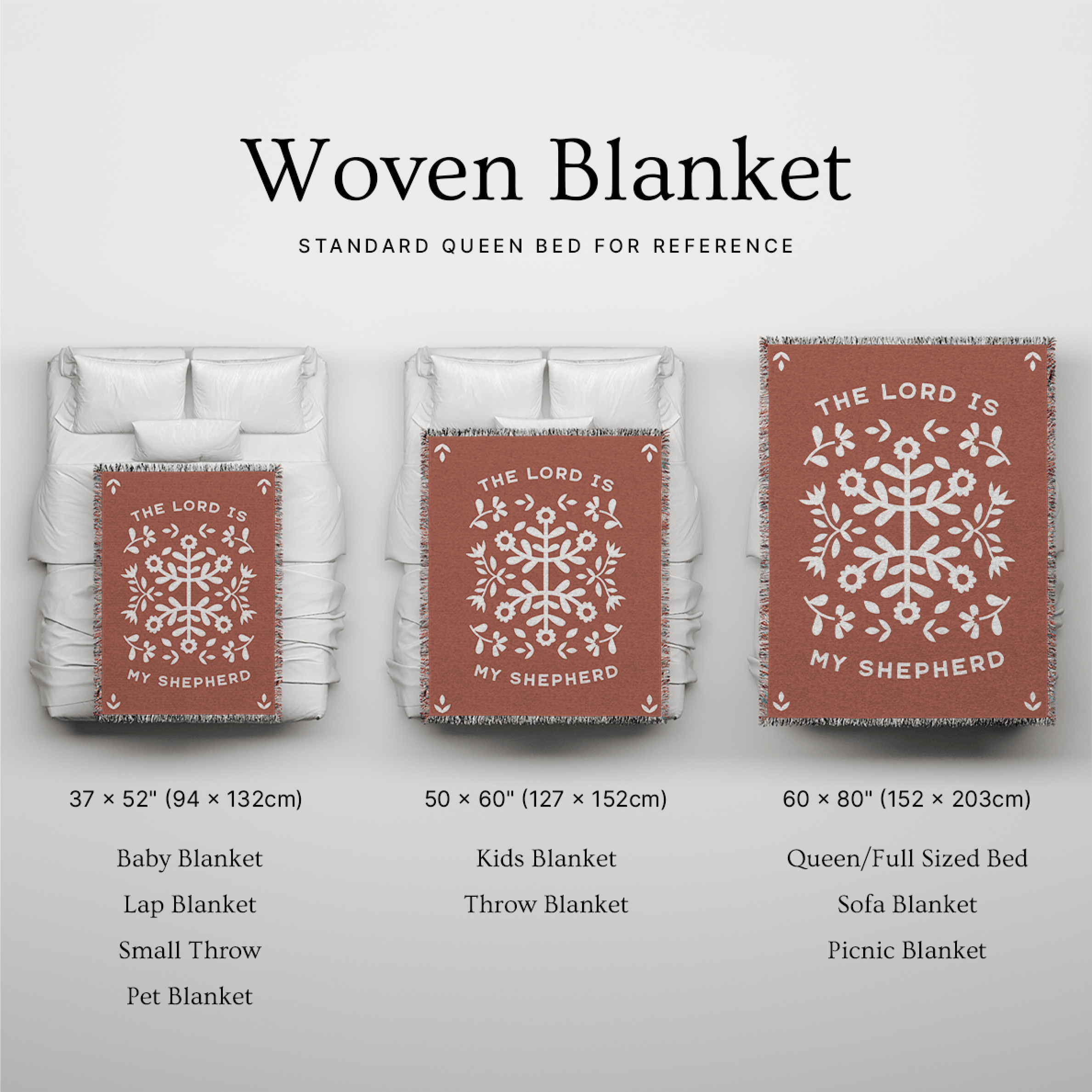 Woven blanket with 'The Lord is My Shepherd' design on a gray background, showing different sizes.