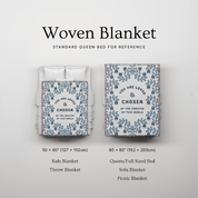 Woven blanket with text and measurements on a light gray background