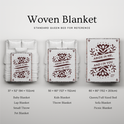 Woven blanket with text and dimensions displayed on a gray background