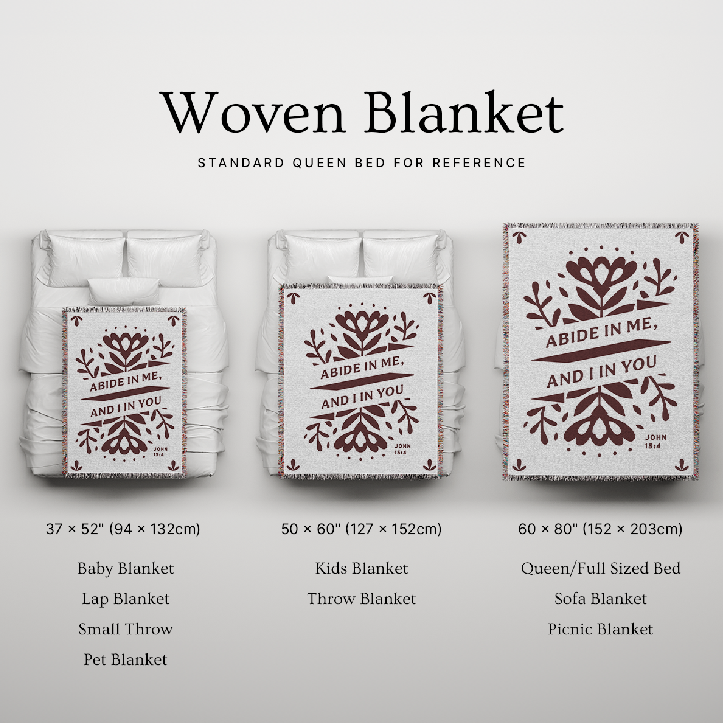 Woven blanket with text and dimensions displayed on a gray background