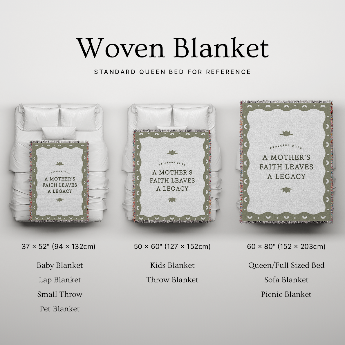 Woven blanket with size chart on a gray background