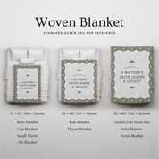 Woven blanket with size chart on a gray background
