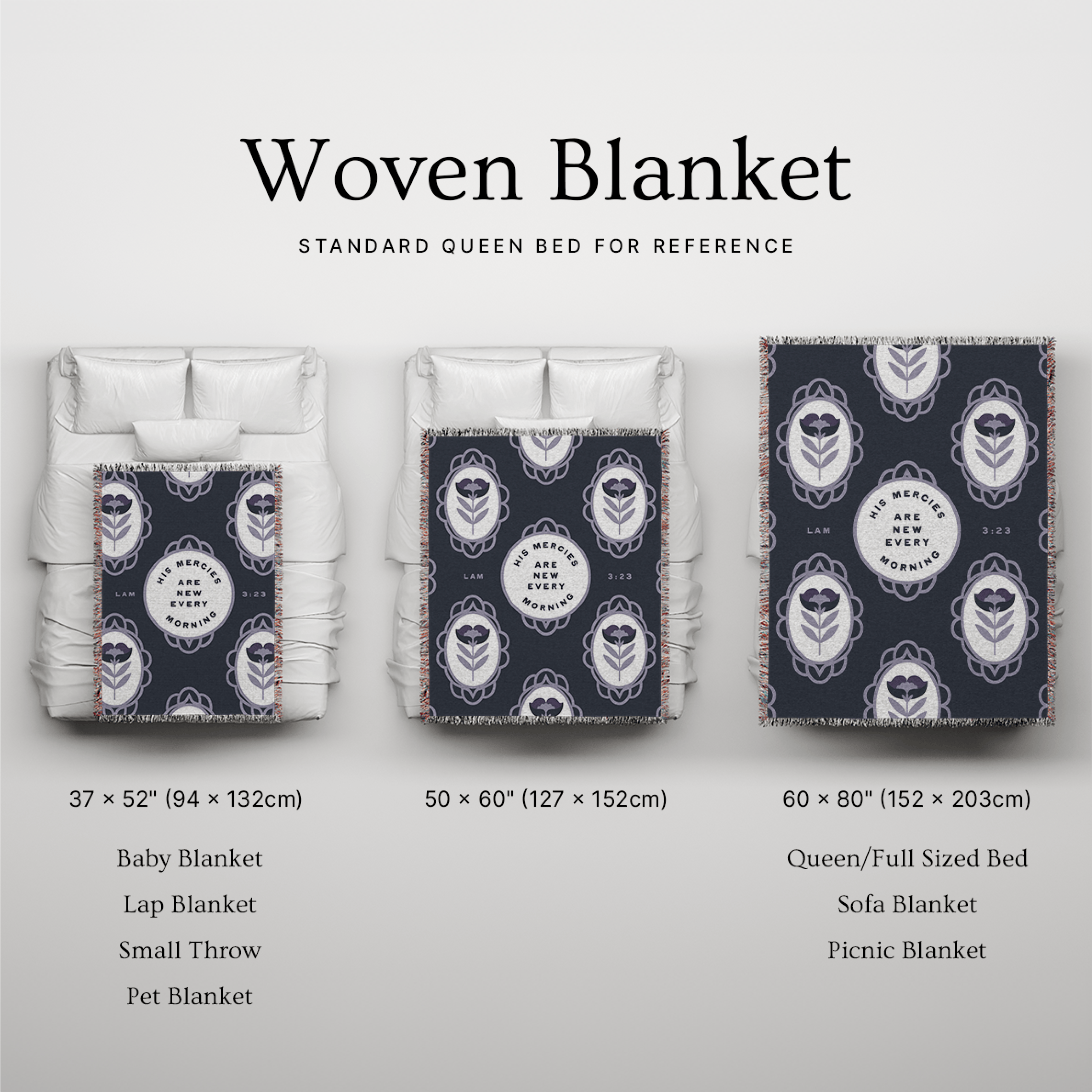 Woven blanket with different size options displayed on a bed for reference.