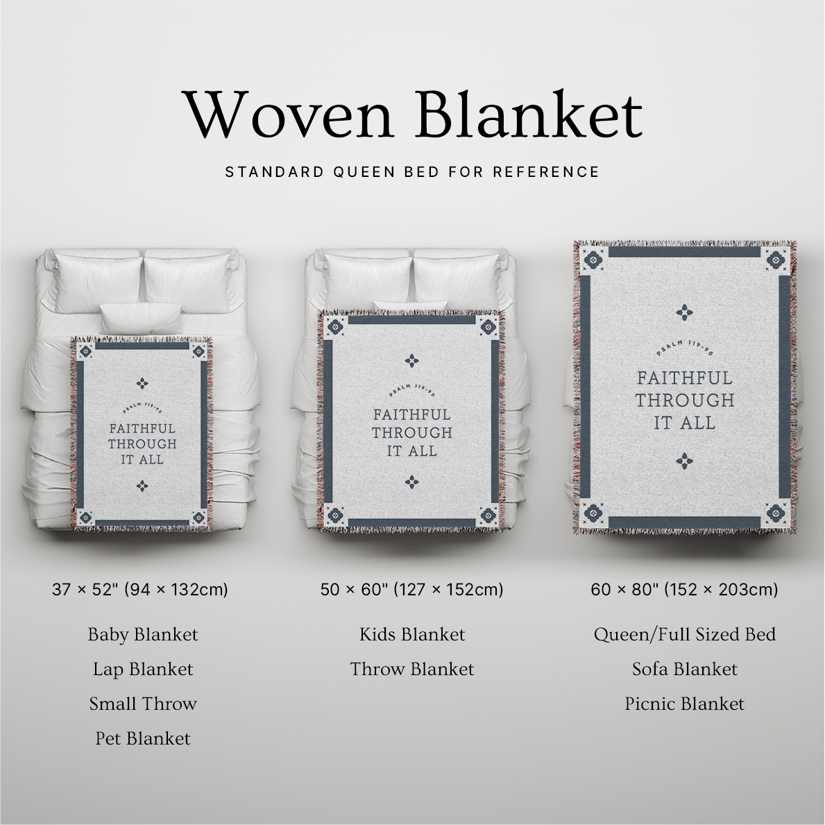 Woven blanket with size chart on a gray background