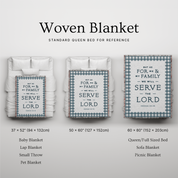 Woven blanket with text and size chart on a light gray background