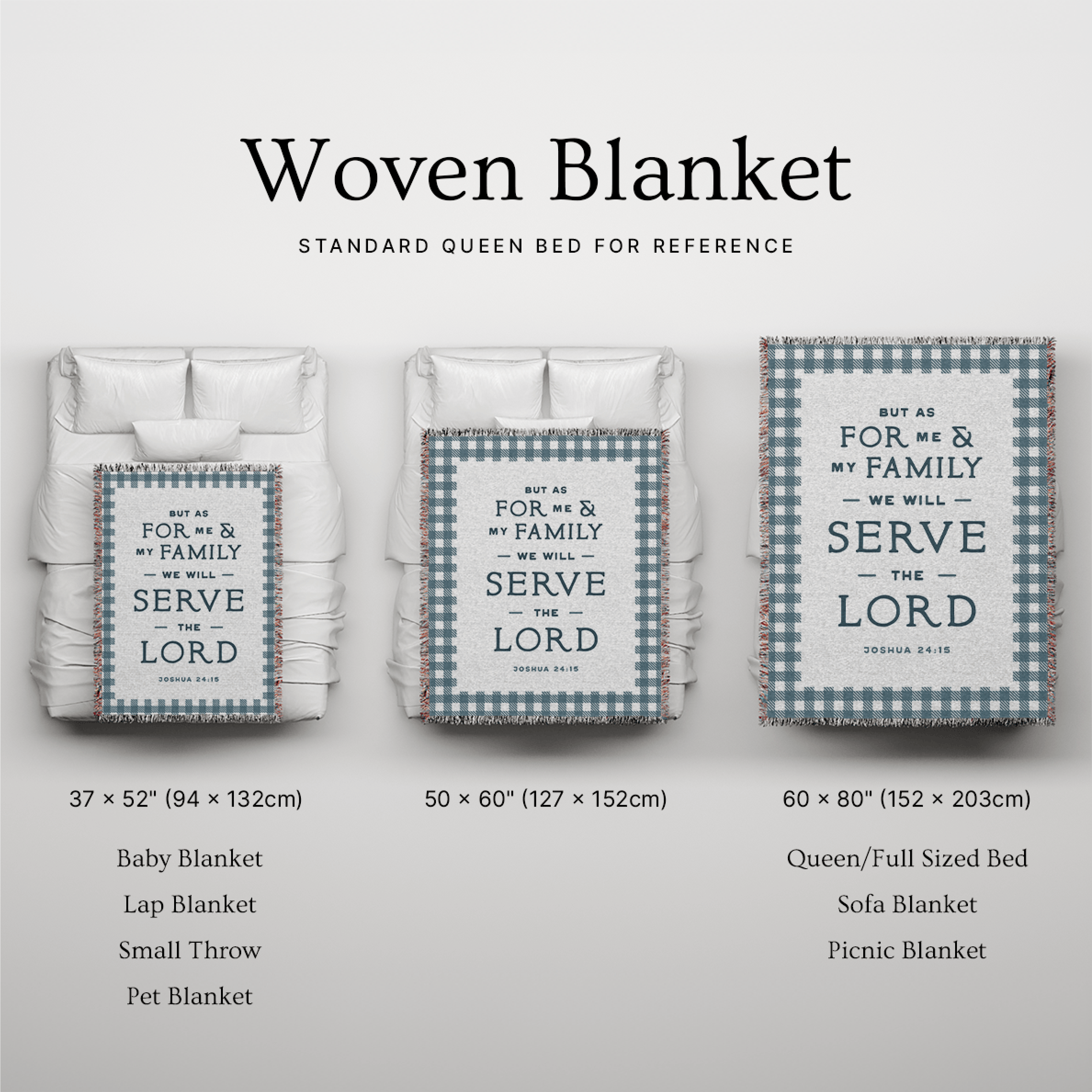 Woven blanket with text and size chart on a light gray background