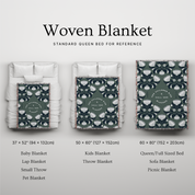Woven blanket with various sizes displayed on a bed for reference.