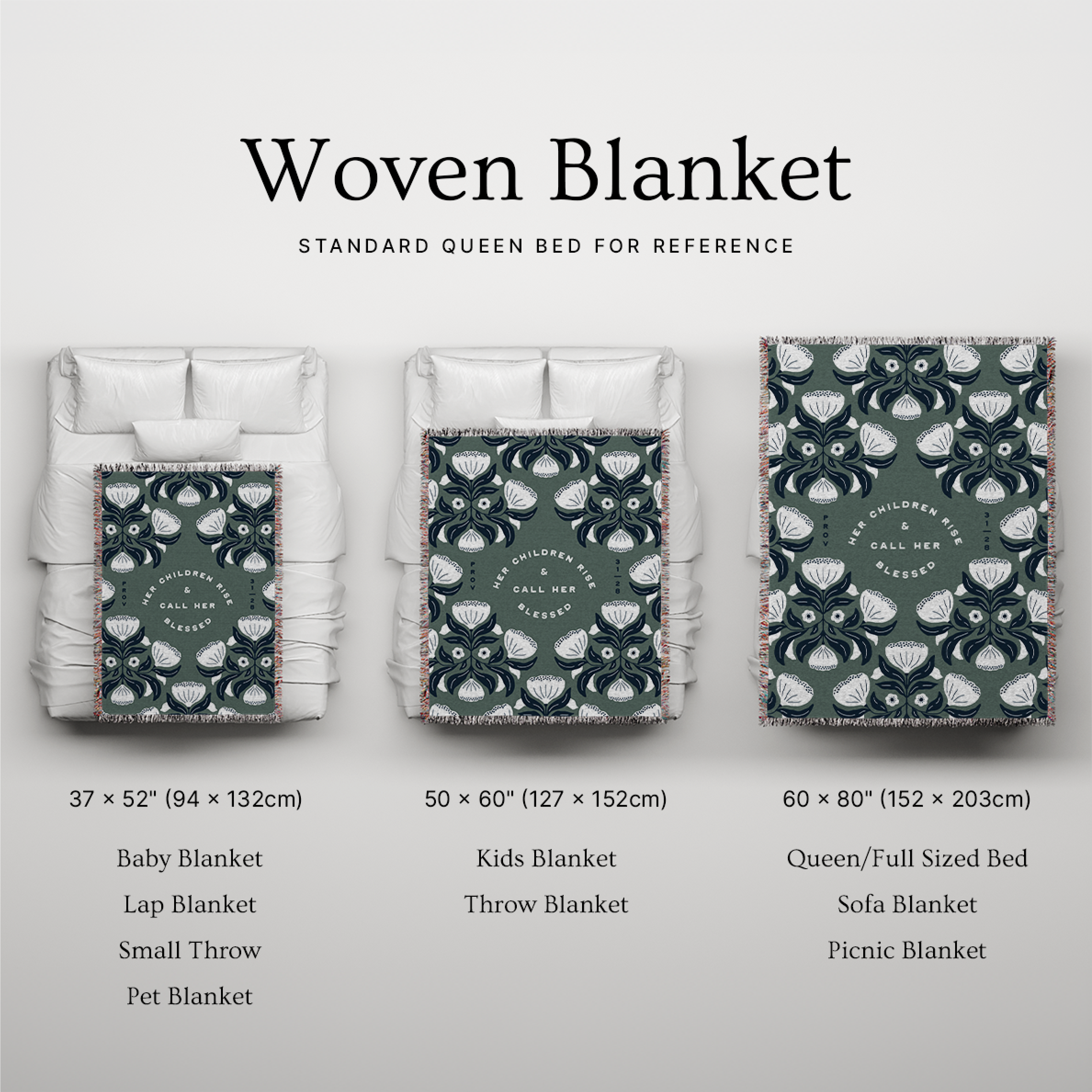 Woven blanket with various sizes displayed on a bed for reference.