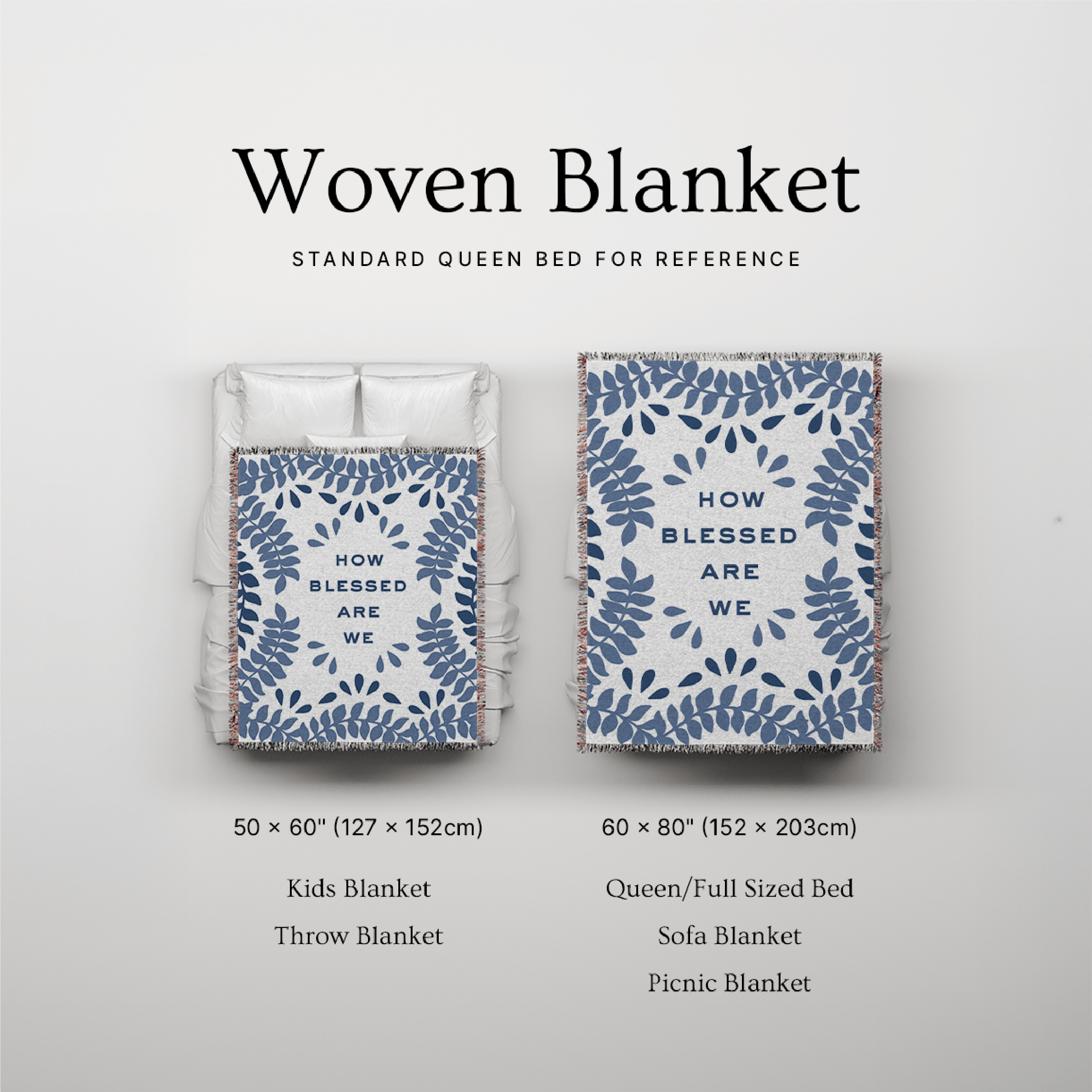 Woven blanket with text and leaf pattern on a light gray background