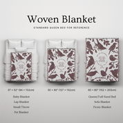 Woven blanket with bird pattern displayed in various sizes on a light gray background.