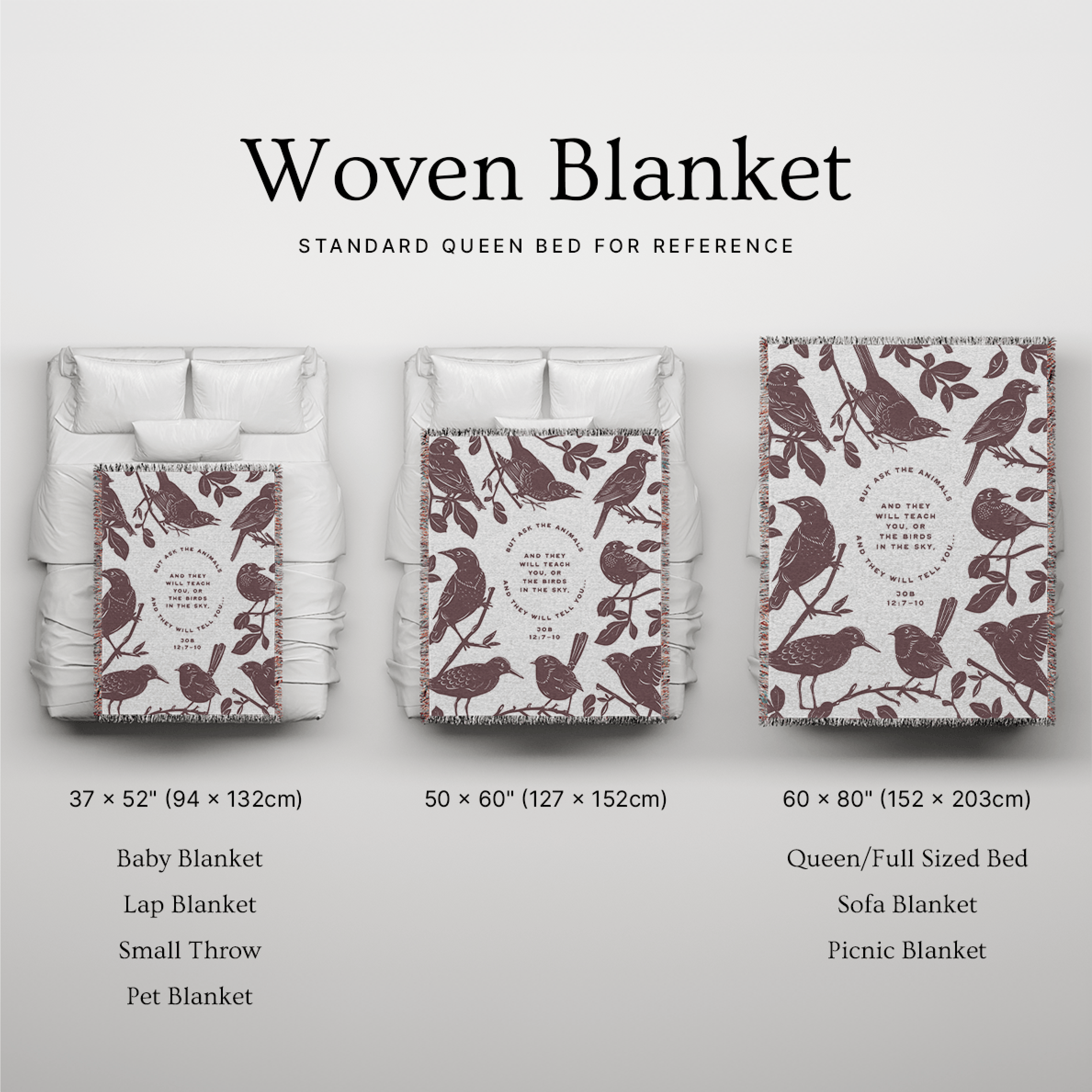 Woven blanket with bird pattern displayed in various sizes on a light gray background.