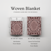Woven blanket with text design on a light gray background, showing different sizes.