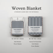 Woven blanket packaging with dimensions and product names on a light gray background