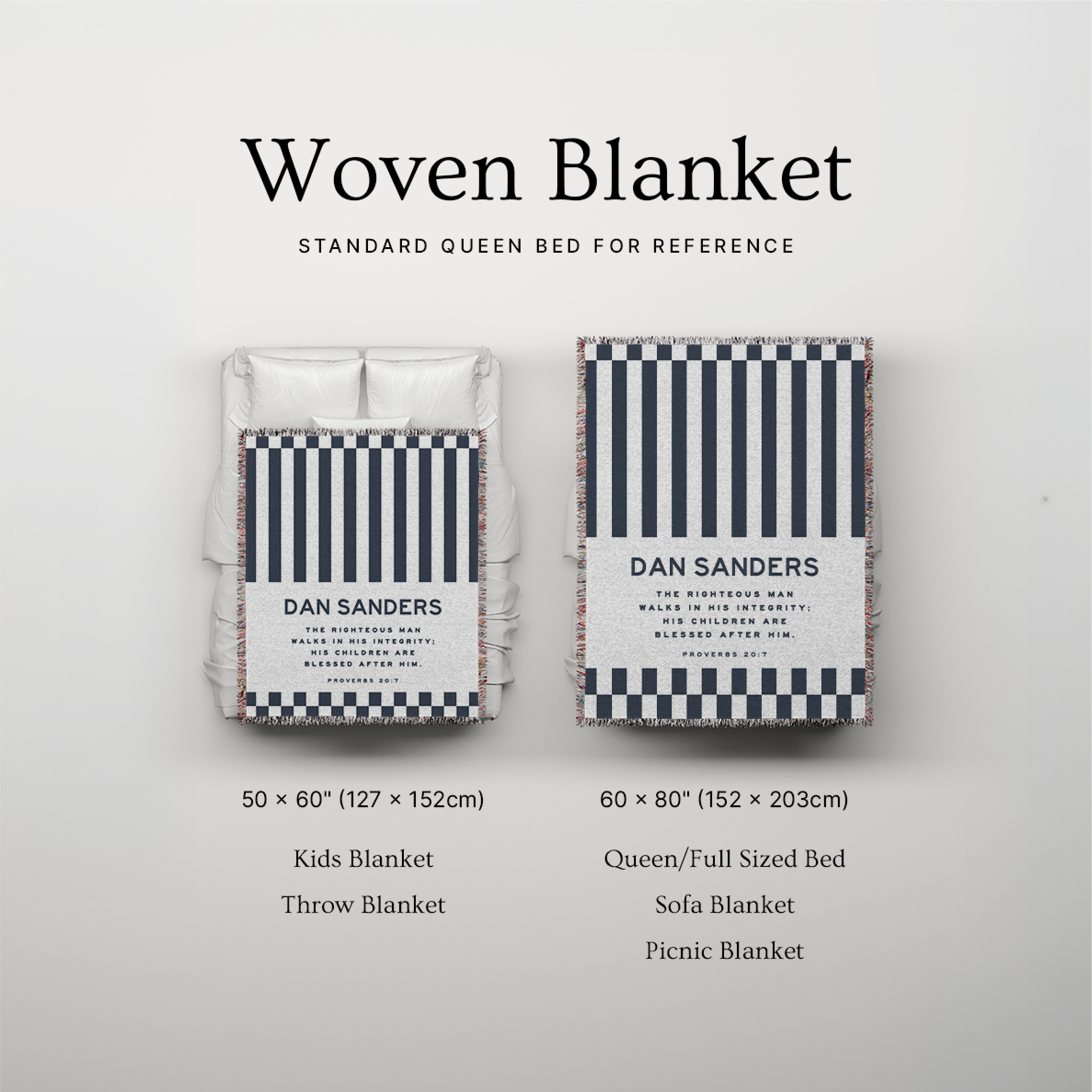 Woven blanket packaging with dimensions and product names on a light gray background
