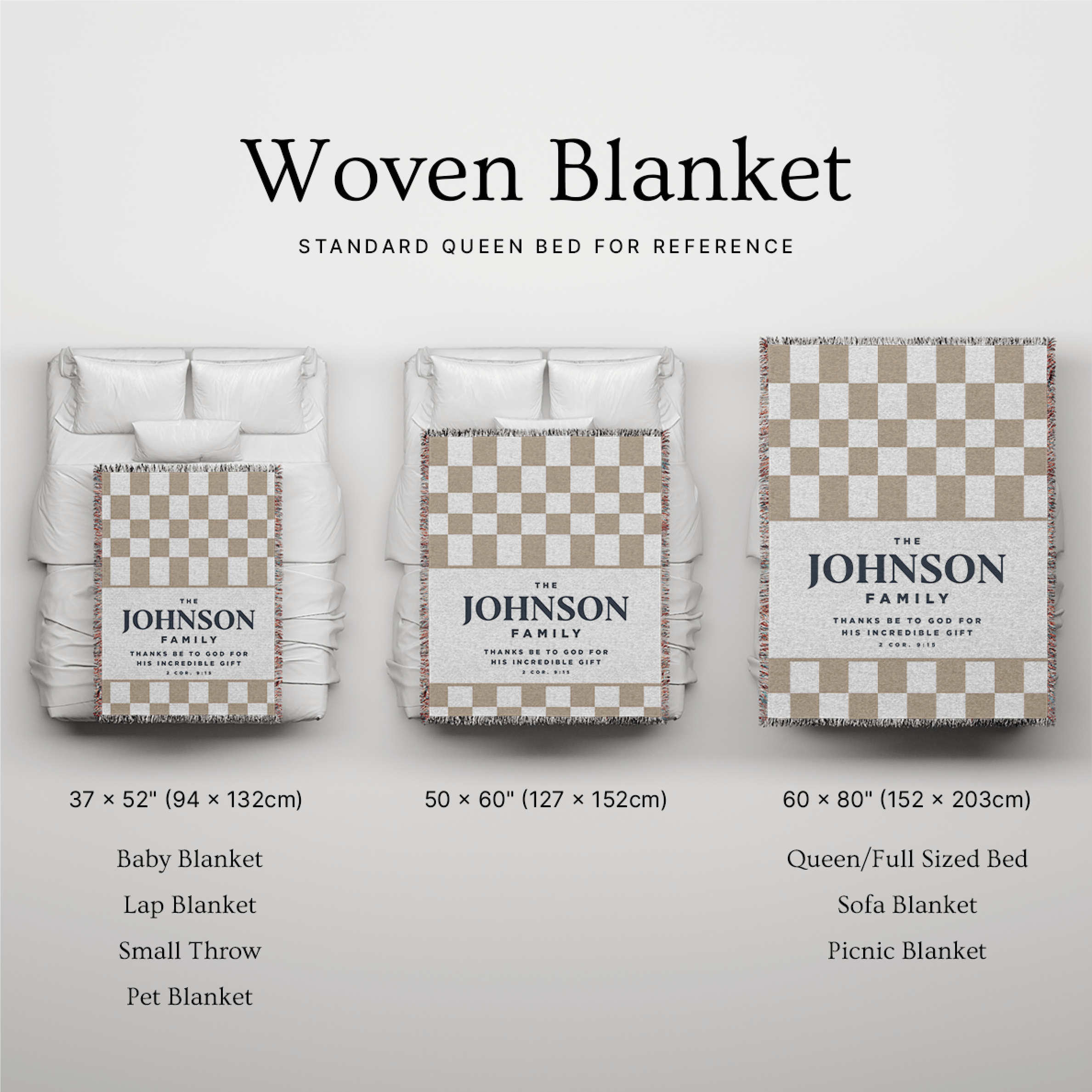 Woven blanket with size options and 'Johnson Family' branding on a light gray background.