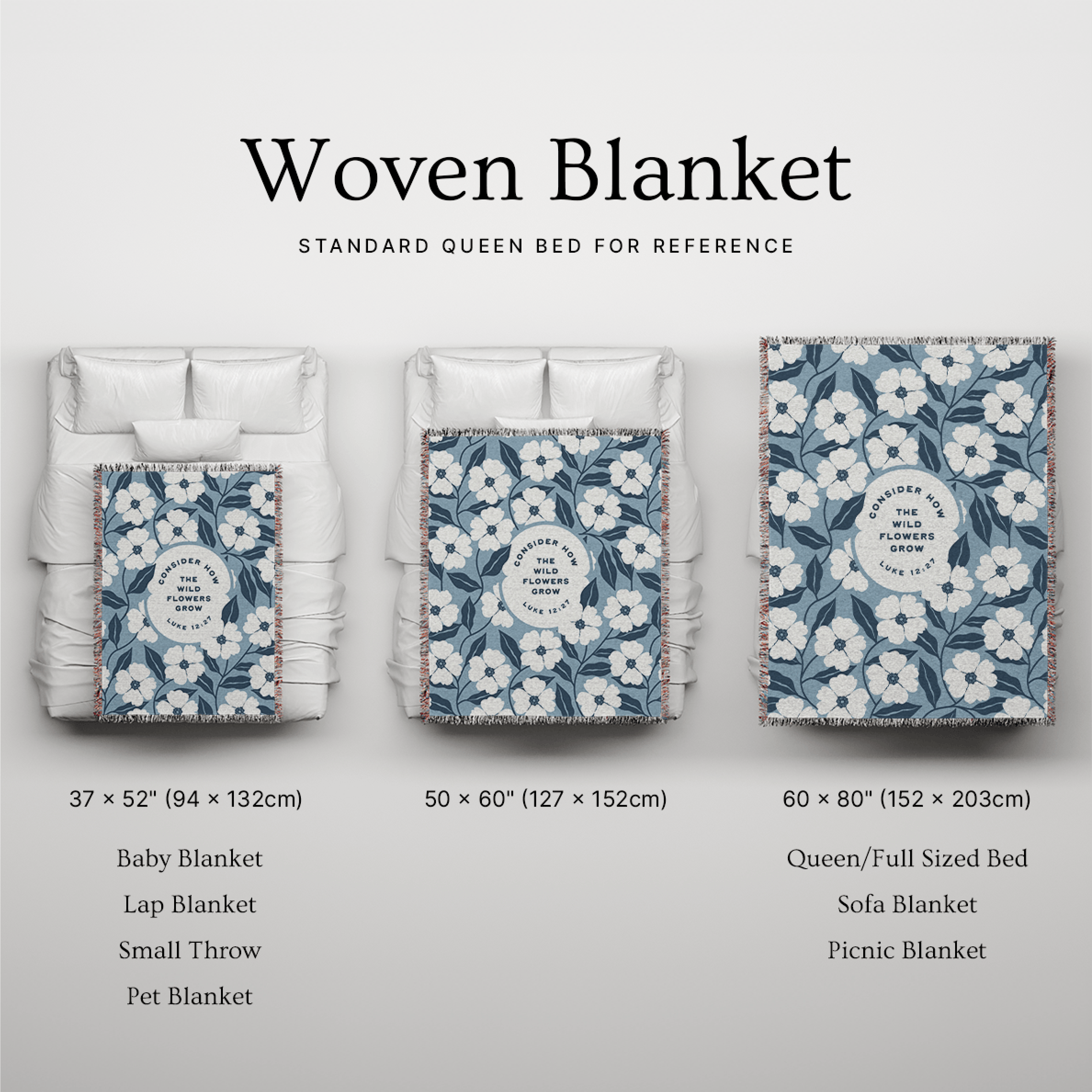 Woven blanket with floral pattern displayed on a bed with size reference labels.