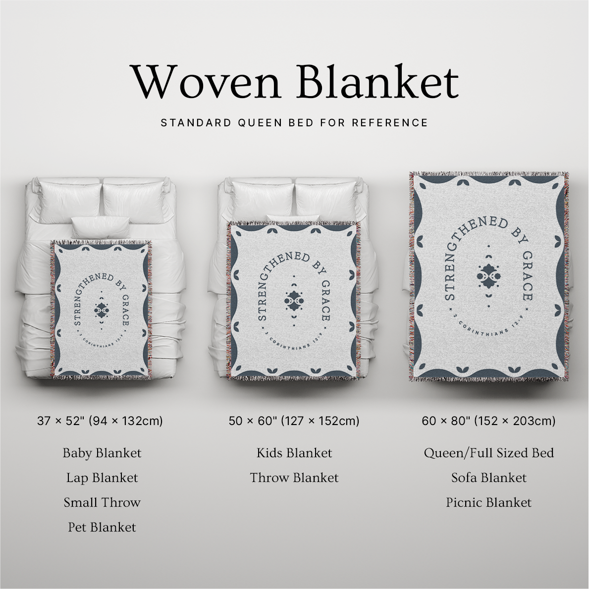 Woven blanket set with different sizes and a reference for standard queen bed dimensions.