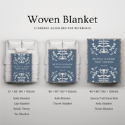 Woven blanket with text design on a gray background, showing different sizes.